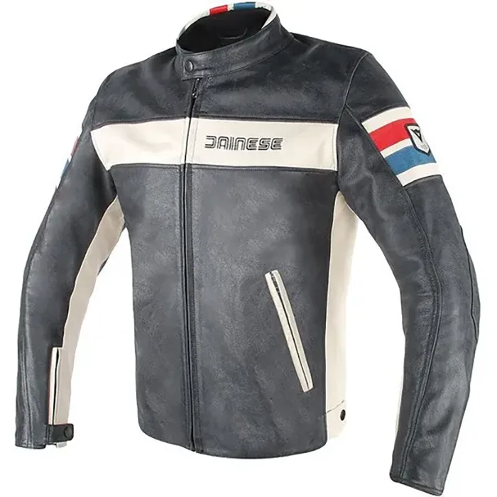 کاپشن چرم زمستانی موتورسواری DAINESE مدل HF D1 BLACK WHITE RED BLUE کاپشن چرم زمستانی موتورسواری DAINESE مدل HF D1 BLACK WHITE RED BLUE