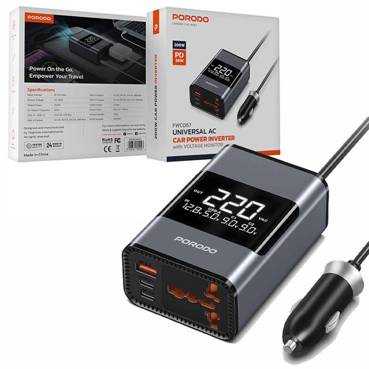 مبدل اینورتر برق خودرو فندکی به شارژر و برق 220ولت 200 وات پرودو porodo universal inverter FWC067 مبدل اینورتر برق خودرو فندکی به شارژر و برق 220ولت 200 وات پرودو porodo universal inverter FWC067